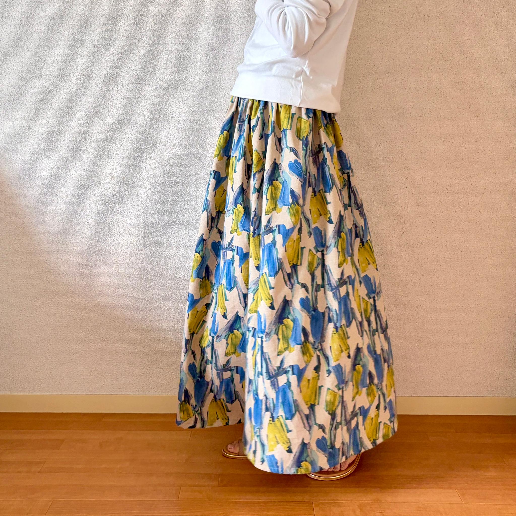 【2026新作】柔らかな麻綿スカート♪絵の具で描いた様な主役になるギャザースカート♪ベージュ | 12枚目