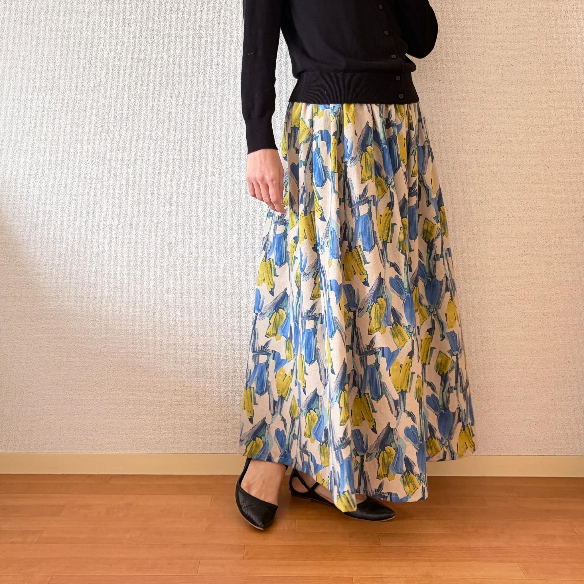 【2026新作】柔らかな麻綿スカート♪絵の具で描いた様な主役になるギャザースカート♪ベージュ | 8枚目