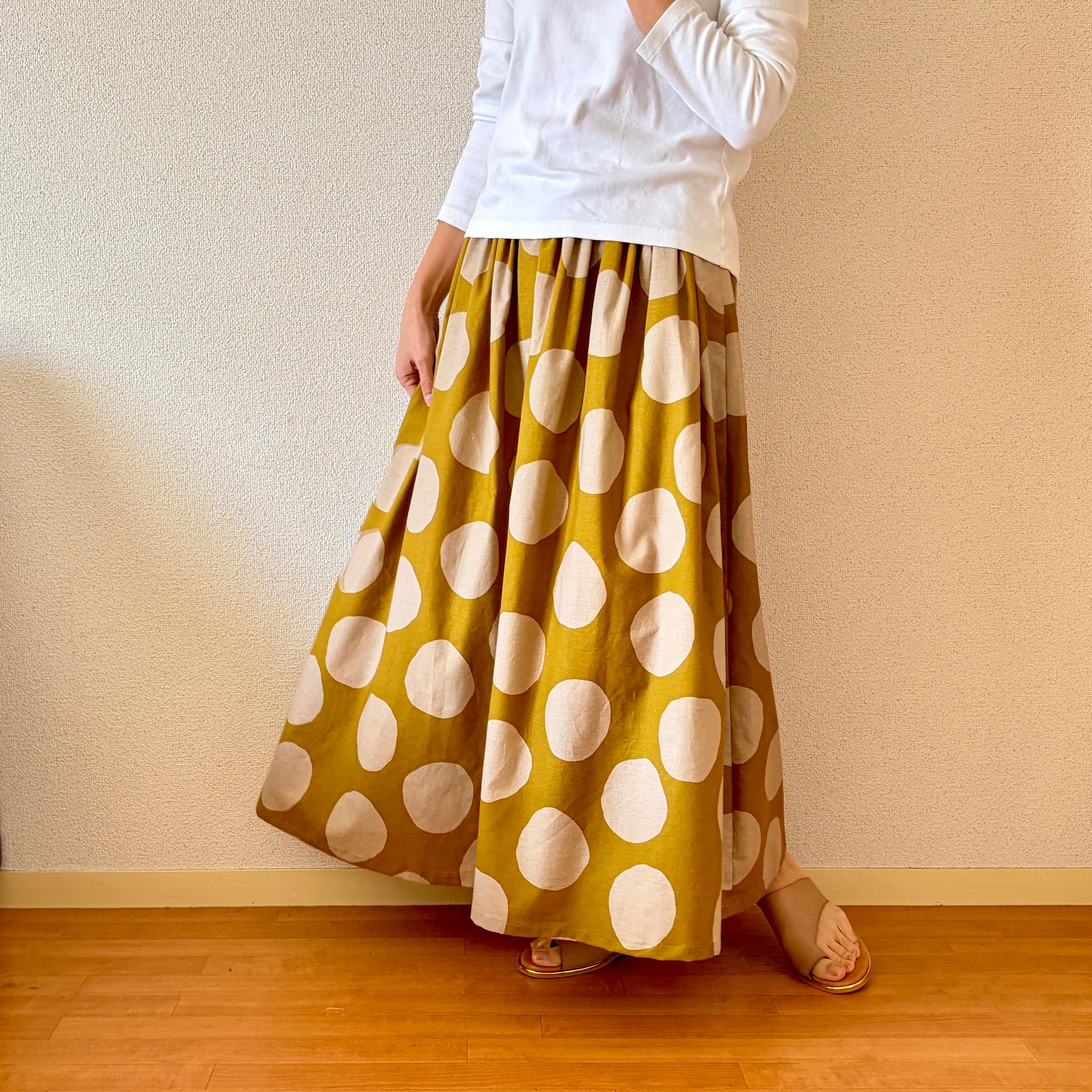 【2026春新作】コットンリネン　履くほどくったり　春〜秋まで◎ドットギャザースカート　イエロー　ウエスト変更可
