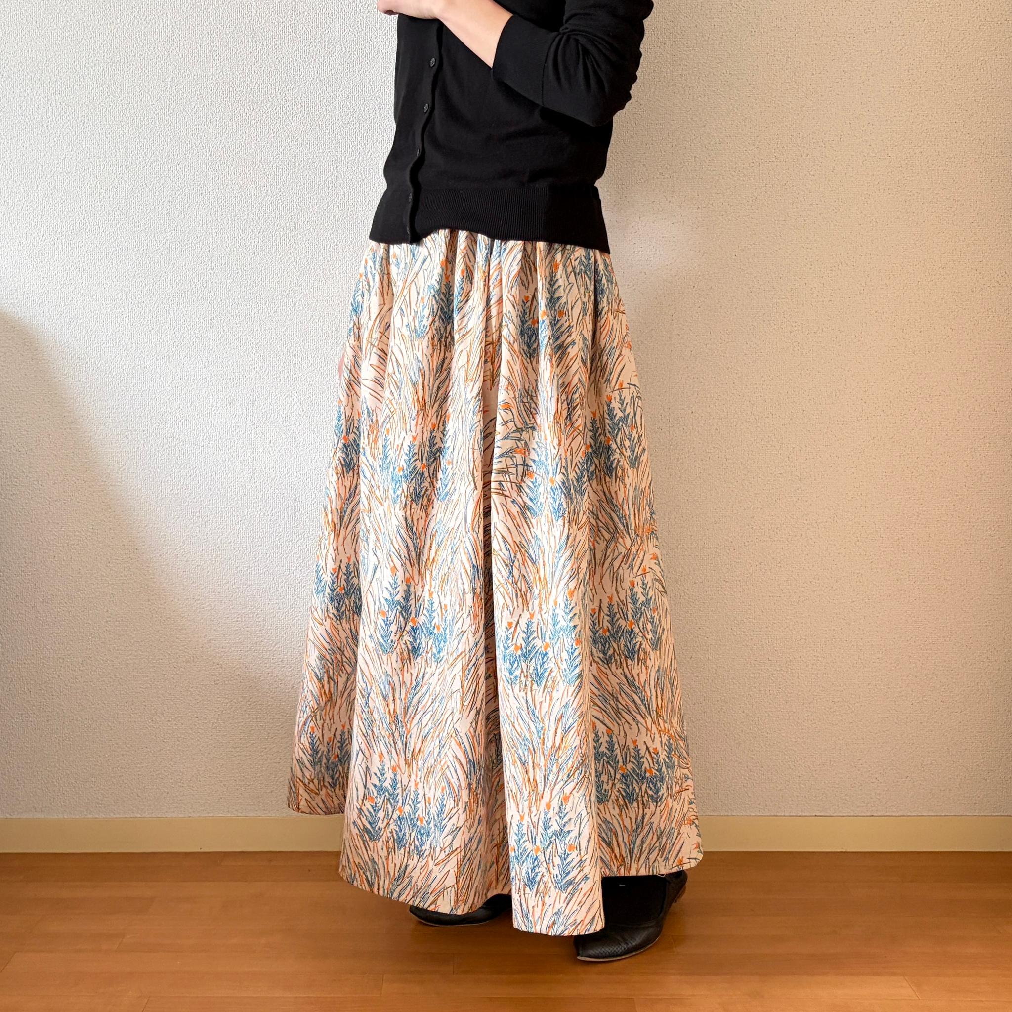 【2026春新作】春〜秋まで◎テキスタイルデザイナーズ生地　コットンリネン　ベージュ　ウエスト変更可