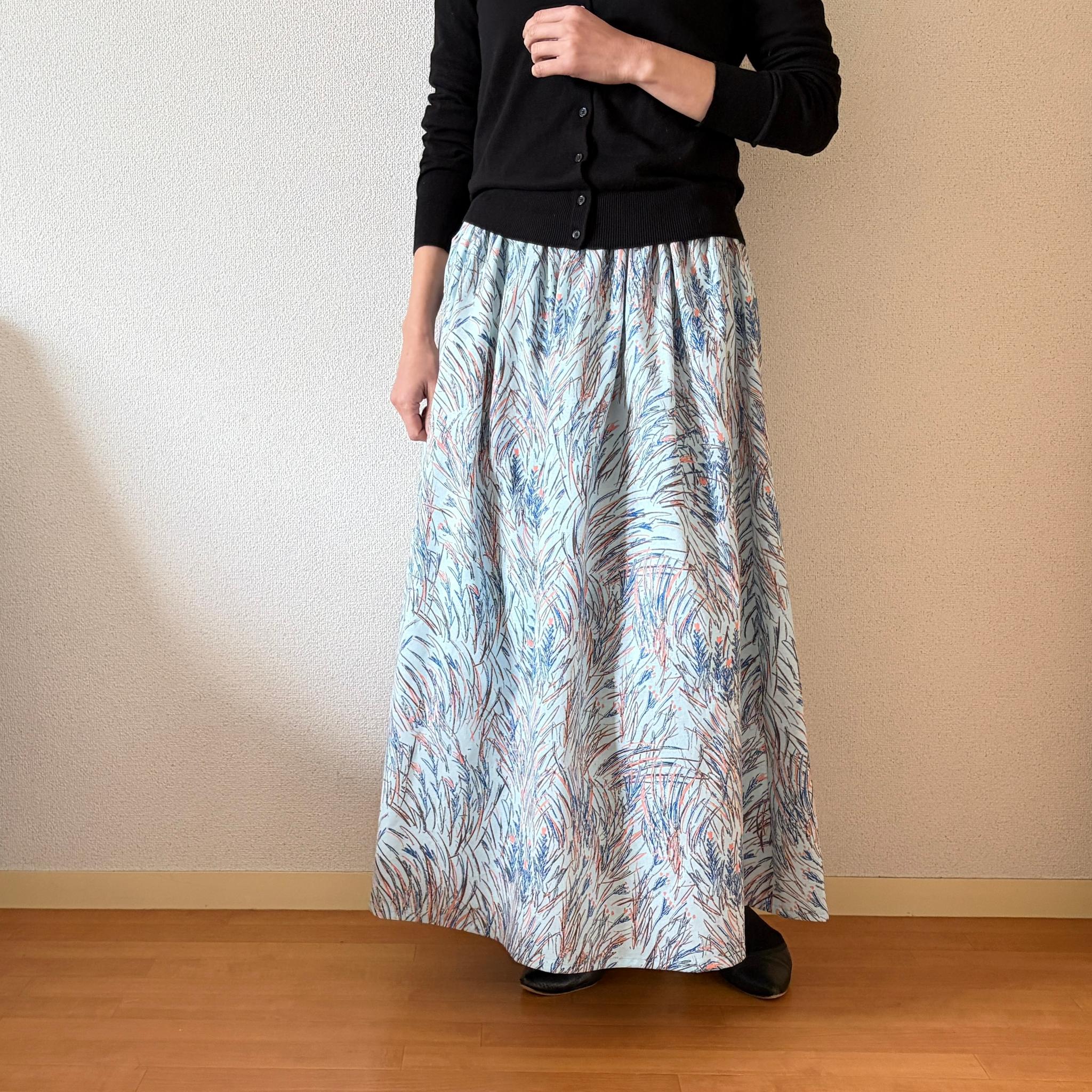 【2026春新作】春〜秋まで◎テキスタイルデザイナーズ生地　コットンリネン　ブルー　ウエスト変更可 | 2枚目