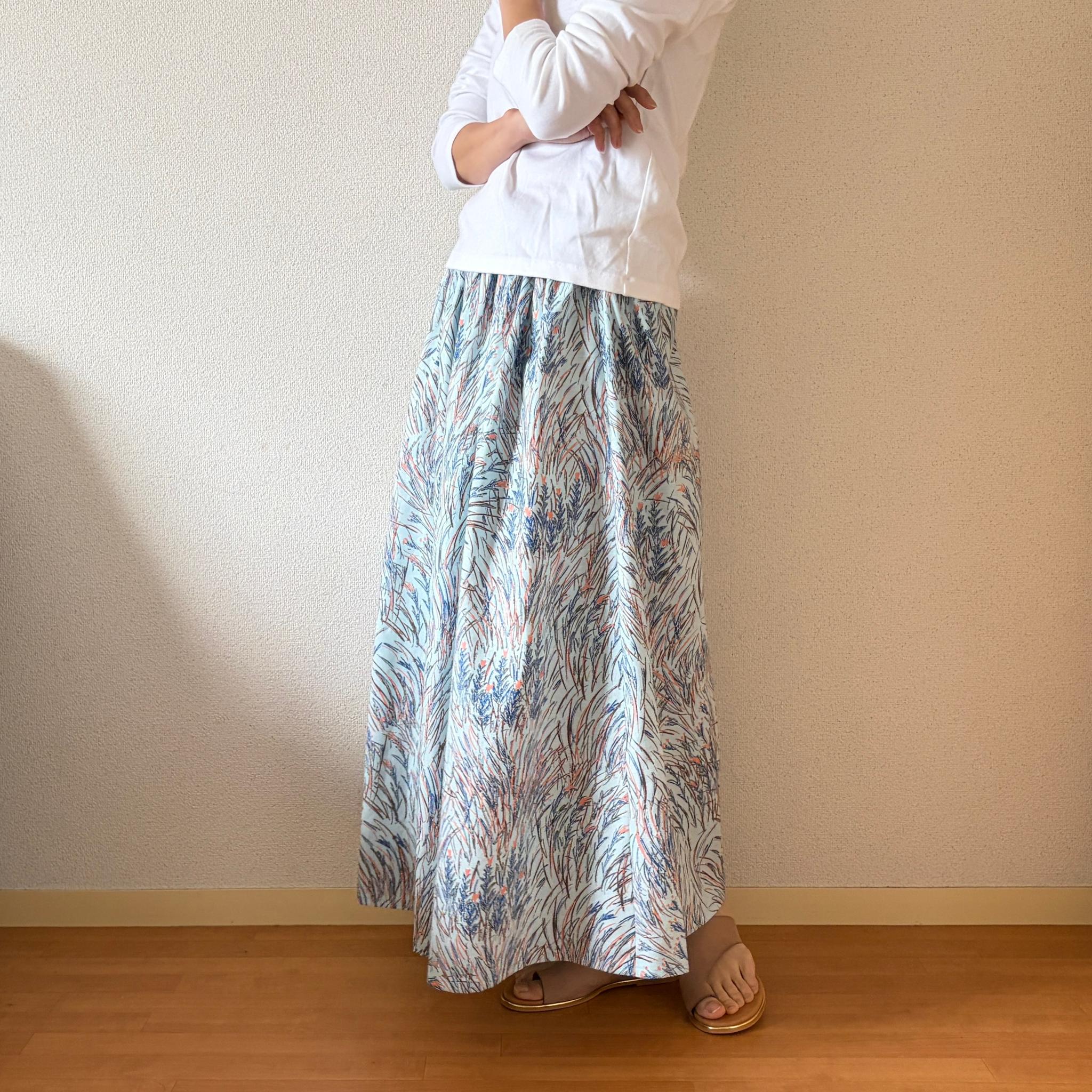 【2026春新作】春〜秋まで◎テキスタイルデザイナーズ生地　コットンリネン　ブルー　ウエスト変更可 | 8枚目