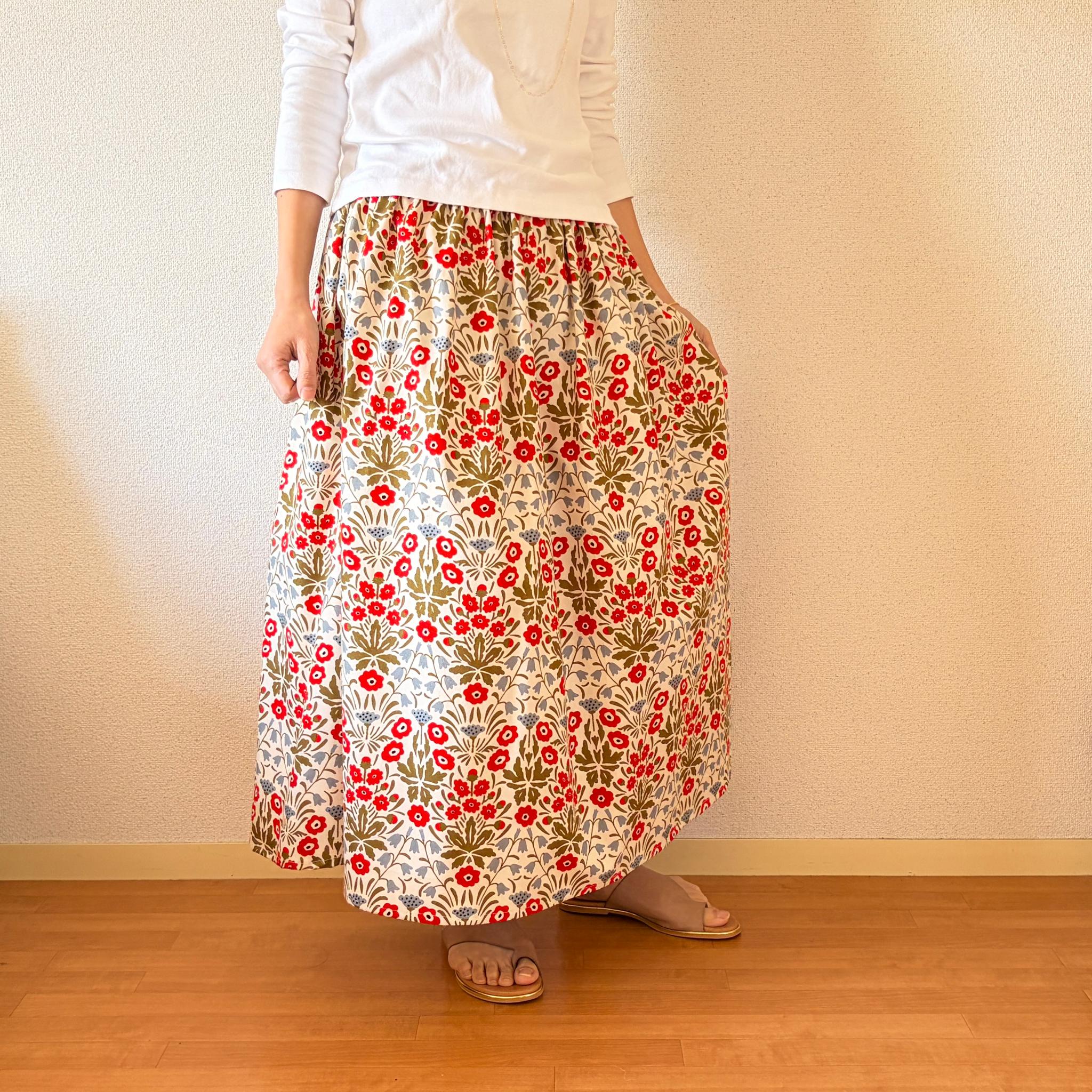 【2026春新作】一年を通して◎大人気ボタニカル柄スカート　キナリ×レッド　ウエスト変更可 | 10枚目