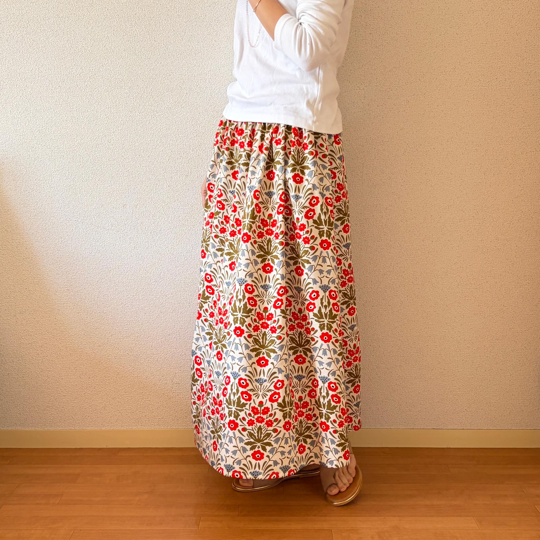 【2026春新作】一年を通して◎大人気ボタニカル柄スカート　キナリ×レッド　ウエスト変更可 | 12枚目
