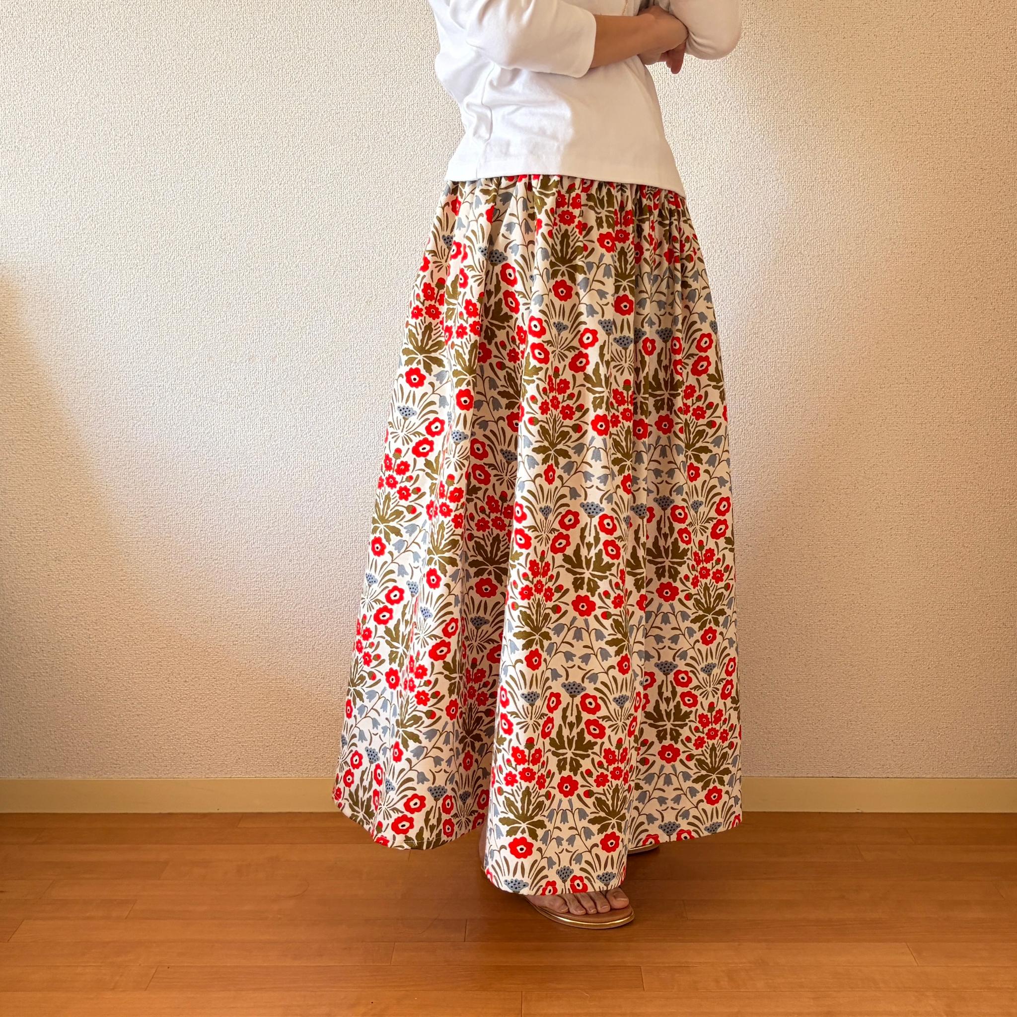 【2026春新作】一年を通して◎大人気ボタニカル柄スカート　キナリ×レッド　ウエスト変更可 | 13枚目