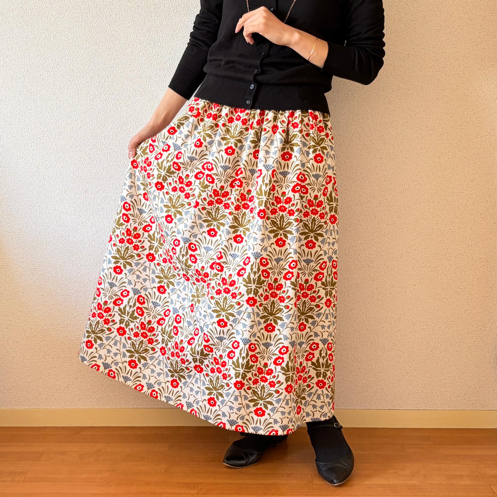 【2026春新作】一年を通して◎大人気ボタニカル柄スカート　キナリ×レッド　ウエスト変更可 | 3枚目