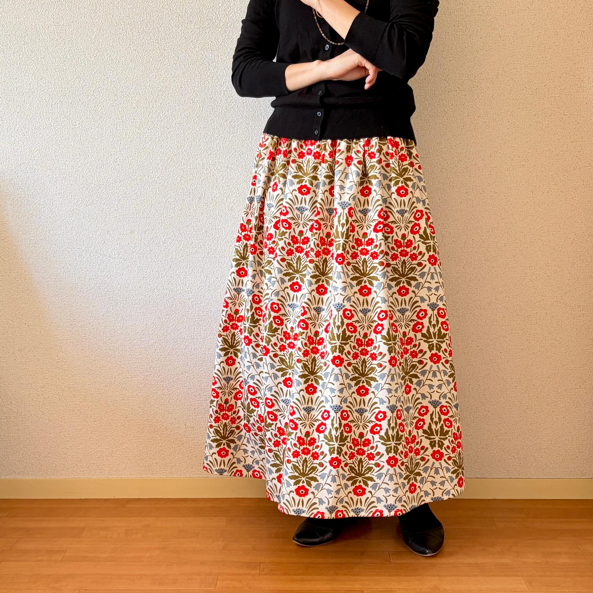 【2026春新作】一年を通して◎大人気ボタニカル柄スカート　キナリ×レッド　ウエスト変更可 | 6枚目