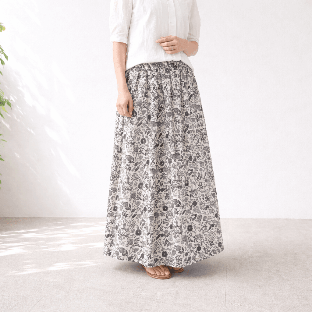 【2026新作】《ウエストすっきりスカート》S〜4Lウエスト無料変更可♪ ボタニカルスカート　ホワイト