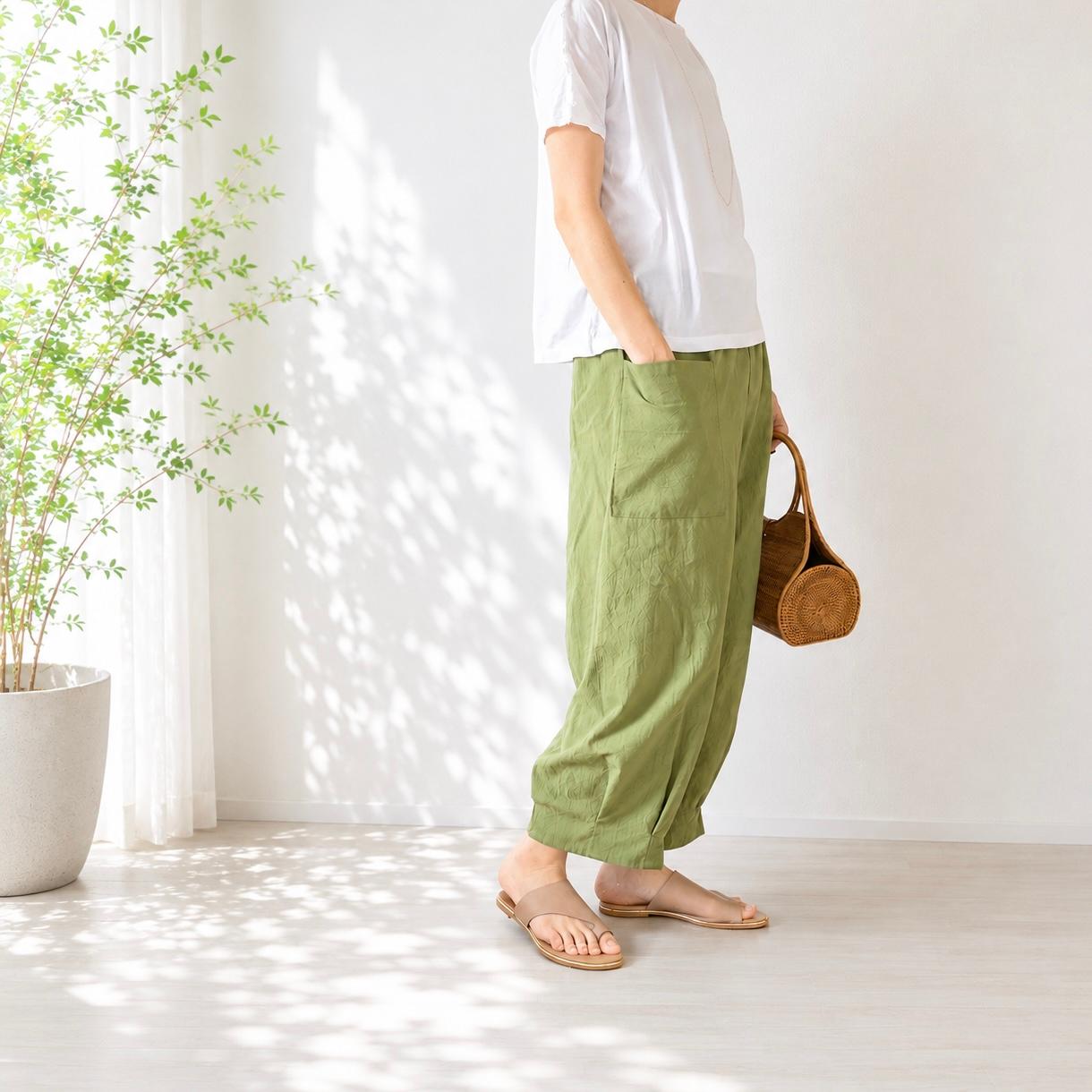 【新作】ゆったりなのにスッキリ見せパンツ♪バルーンパンツ/サーカスパンツ 柔らかシワ加工 グリーン | 2枚目